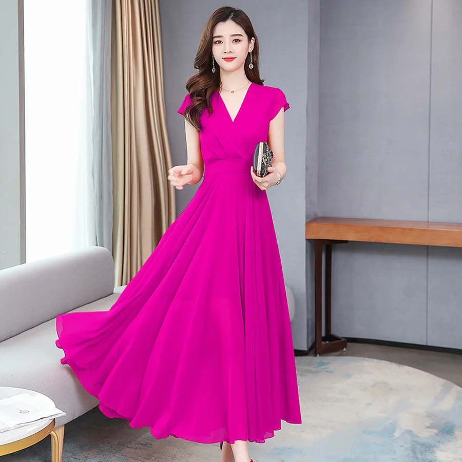 

2024 High Quality Vintage Solid Chiffon Beach Maxi Dress Summer Casual Midi Sundress Women Elegant Bodycon Party Evening Vestido