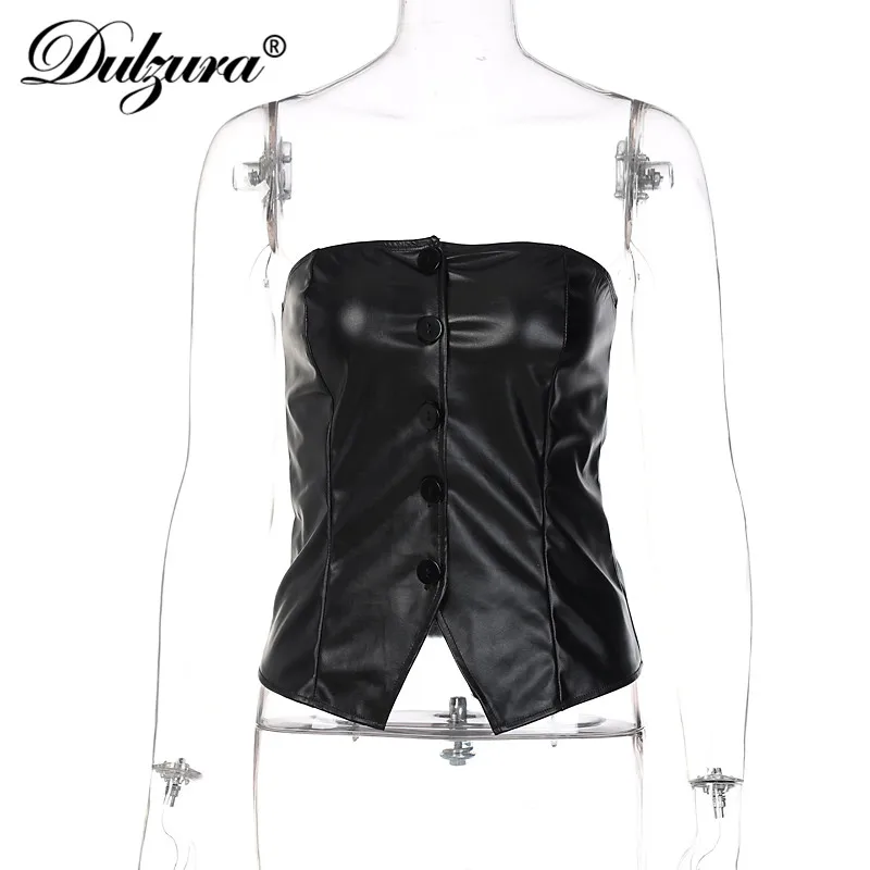 Débardeur tactique en faux cuir PU pour femme, boutons patchwork, streetwear skinny sexy, club de fête, automne, hiver, Y-Zura, 2021