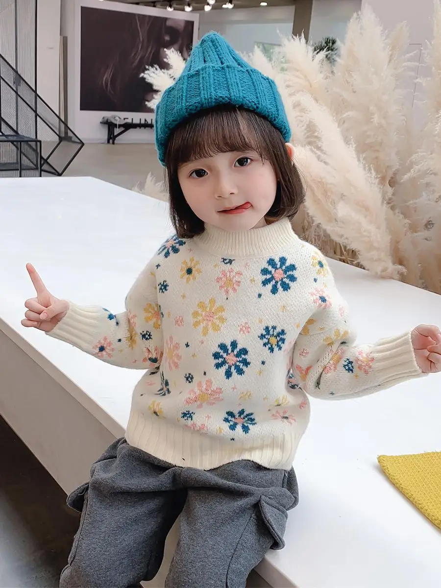 Girls Velvet Thickening Sweater Fall Winter Children's Christmas Snowflake Bottoming Knitwear Baby Kid Knitted Pullovers Clothes