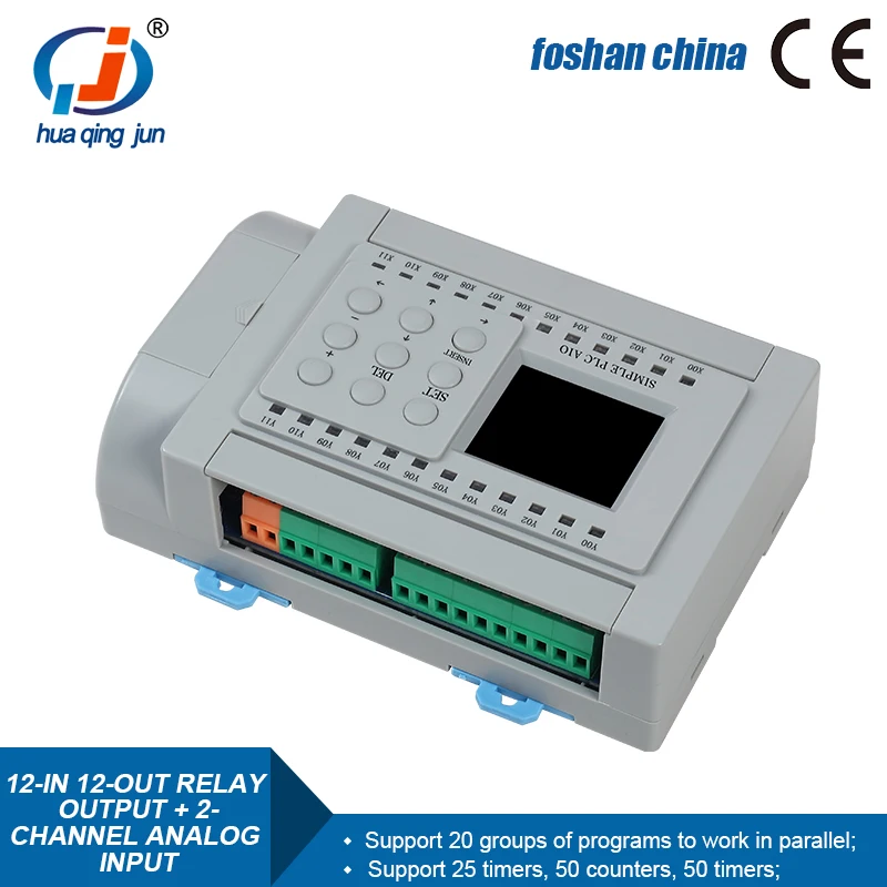 Huaqingjun 12DI 12DO Relay Output PLC 2AI 0-10V 0-20mA Programmable Controller for Inverter