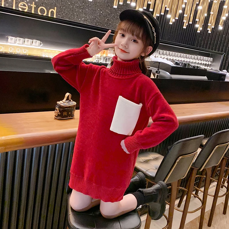 

Kids Sweaters Dress for Girls Red Ivory Turtleneck Thicken Warm Clothes Winter Long Pullovers Christmas Sweater Girl Clothes