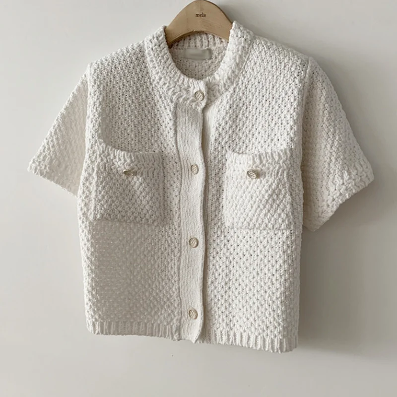 2021 New Arrivals Fashion Korea Style Versatile Single Breasted Short Sleeves Pocket White Knitted Sweater  X617