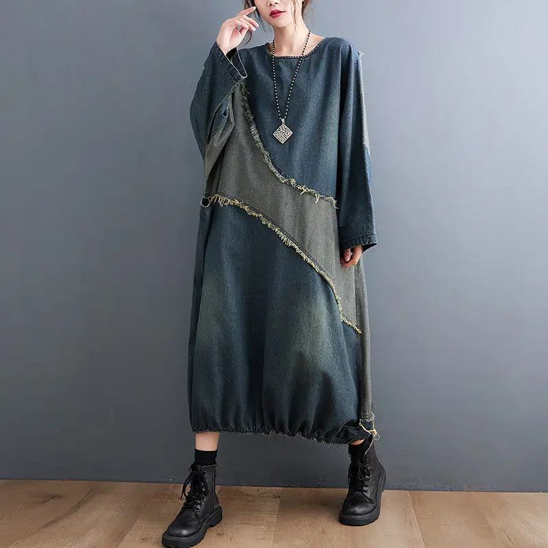 Vintage Spring Autumn Women Clothing Contrast Color Stitching Denim Dress Raw Edge Loose Long T Shirt Female Robes M1986