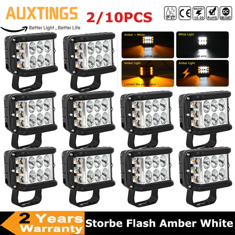 

2/10X 4in 3 Sides Shooter 60W Led Work Light Cube White & Amber Strobe Flash Driving Lamp for SUV Truck Car Boat