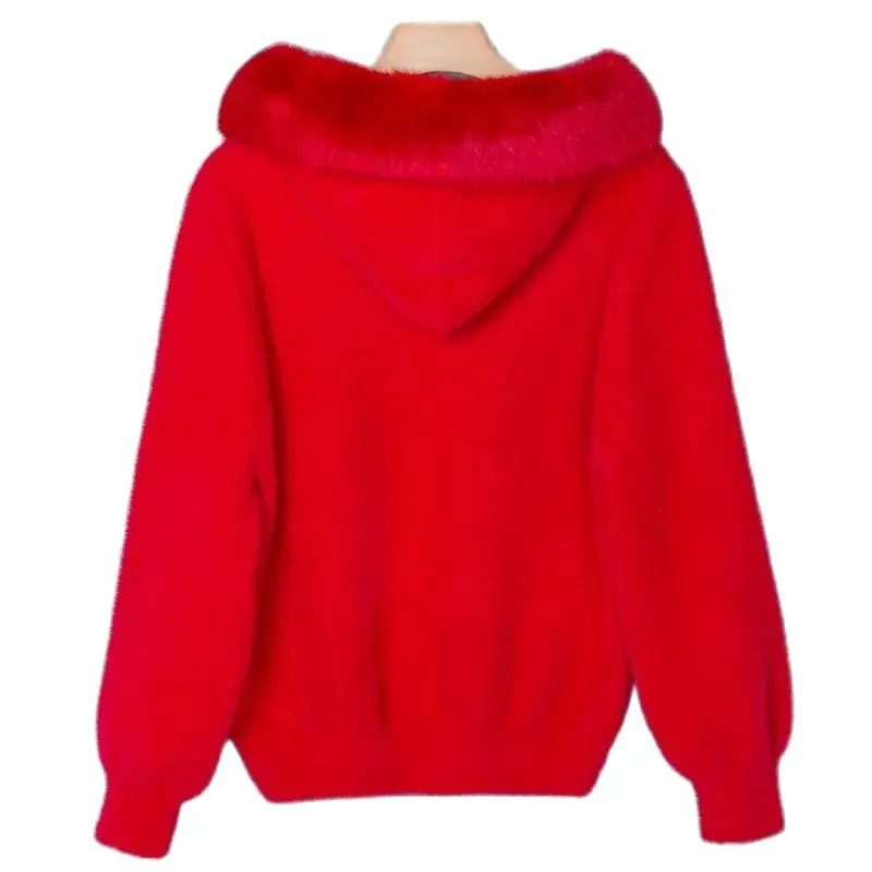 Female New Autumn Winter Thick Hooded Jacket Women Solid Color Imitation Mink Velvet Lantern Long-sleeved Knitted Cardigan A890