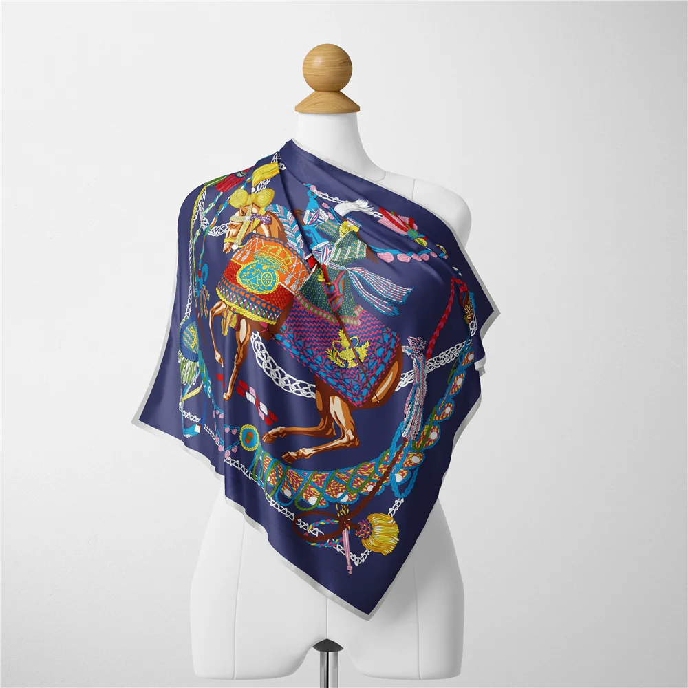 Twill Silk Scarf Woman Tassel Horse Print Square Scarves Wraps Bandana Small Hijab Silk Foulards Lady Tie Headband Neckerchief