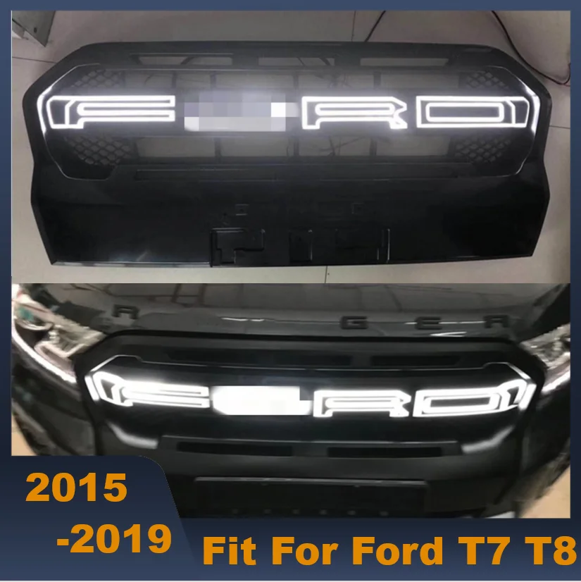 High Quality ABS Black Middle Grill Front Racing Grille With White LED Lights For Ford T7 T8 2015-2019