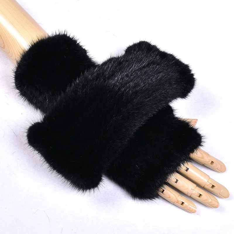 Besfilin Real Mink Fur Mittens for Men and Women, Hand Woven Half Finger Gloves in Autumn Winter, Keep Warm, Unisex High Elastic