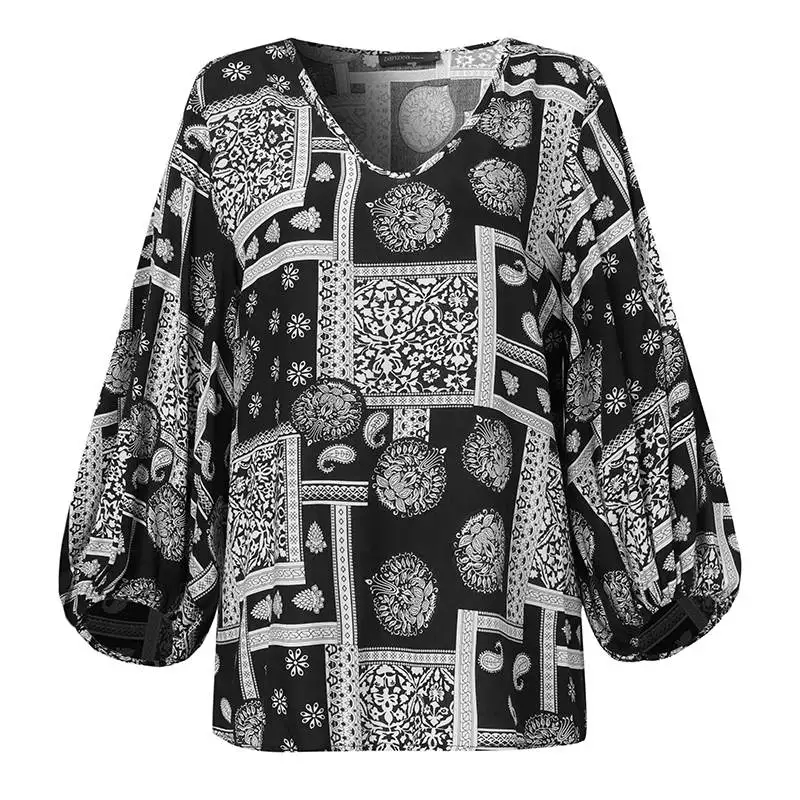 ZANZEA Women Blouse Autumn V Neck Long Sleeve Shirt Vintage Floral Printed Holiday Tops Femme Casual Party Blusas Loose Tunic