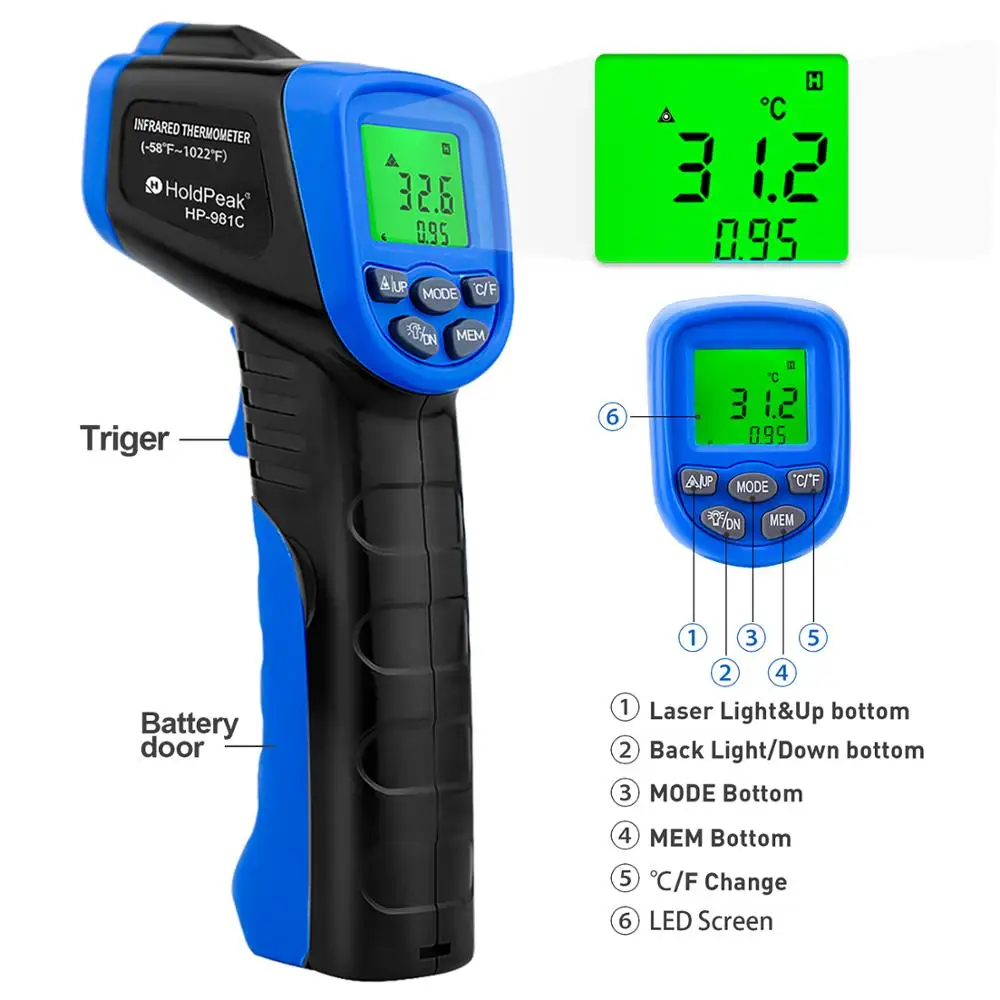 

Temperature Meter Gun HP-985C IR Infrared Thermometer Handhold LCD Display -50-800C/-58-1472'F IR Thermometer