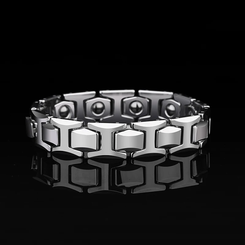 

10MM Width Tungsten Chain Bracelets High Polished Inlay Black Magnet Stones&Germanium Length 20.5CM/22CM