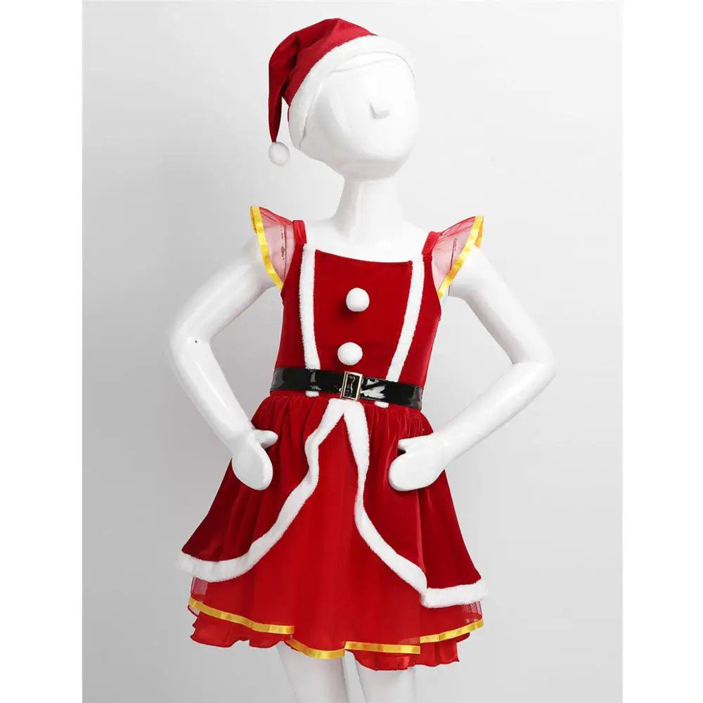 Children Girls Santa Claus Christmas Dance Costume Soft Velvet Girl Princess Mesh Tutu Party Dress with Hat Kids Xmas Outfits