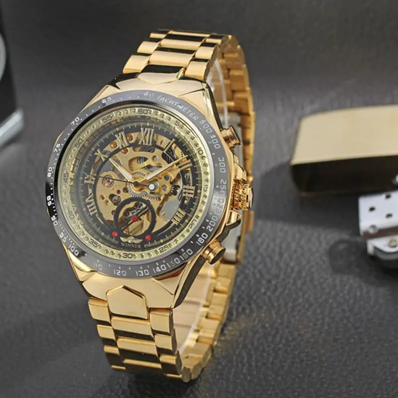 WINNER Men Gold Watches Automatic Mechanical Watch Male Skeleton Wristwatch Stainless Steel Band Luxury Brand Sports Design