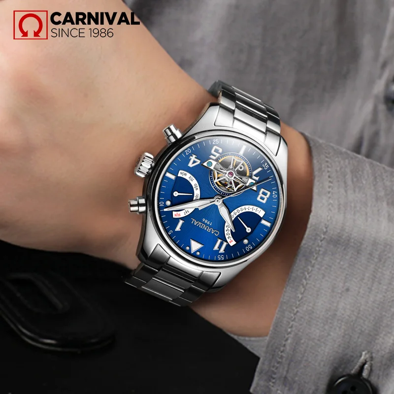 Fashion Tourbillon Mechanical Watch CARNIVAL New Automatic Watch for Men Sapphire Waterproof Calendar Luminous Relogio Masculino