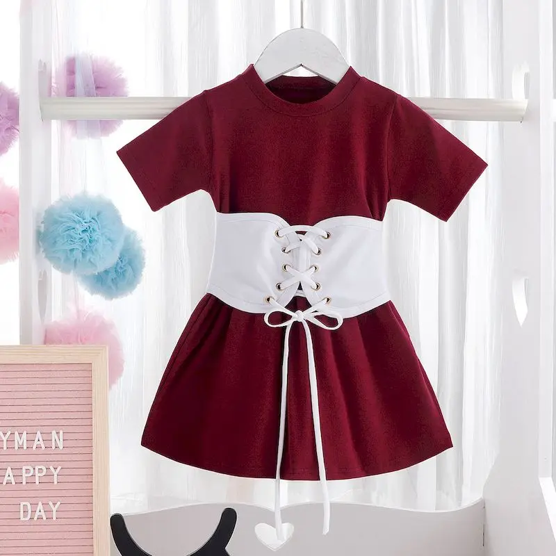 

Children's Wear Girls' Short Sleeve Dress Solid Color Waist White Belt Children's Two Piece Suit kids clothes clothes