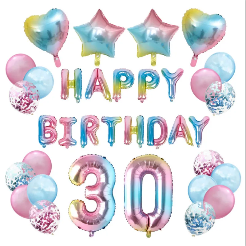 New 16-Inch Gradient Birthday Balloon 30-Year - Old 1-Year  Happy Party Decoration Package