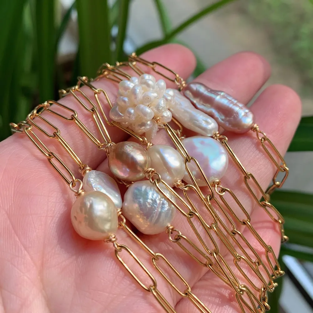 Natural Freshwate Pearl Bracelet Gold Color Stainless Steel Chain Irregular Baroque Pearl Charm Bracelet for Women Wedding Party
