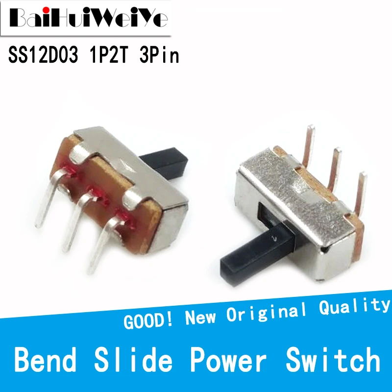 50Pcs SS12D03 On / Off Toggle Power Amplifier 1P2T Horizontal Block Foot 3Pin Bend Slide Power Switch 2 Positions Toggle Switch