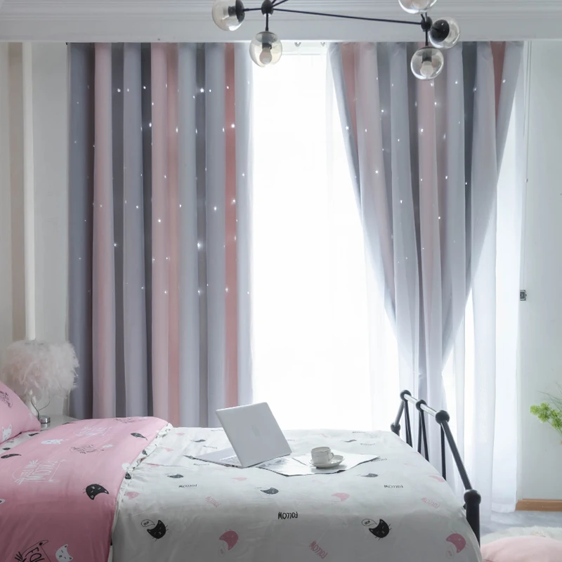 

Hollow Star Curtain Princess Style Girl Bedroom Living Room Double Layer With Yarn Simple Blackout Bay Window Curtain Decoration