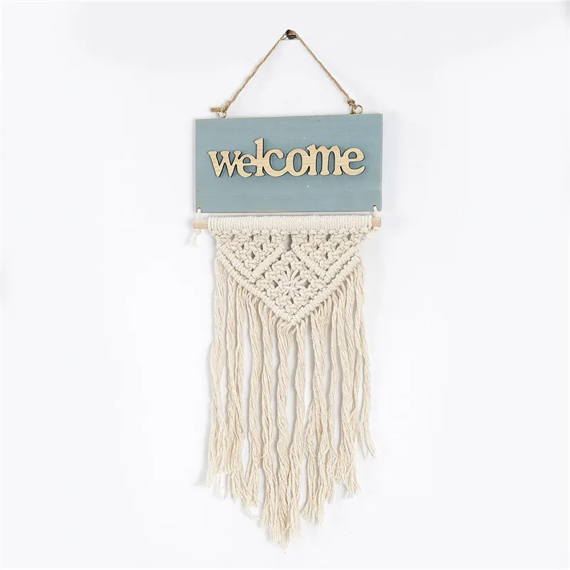 Wooden Macrame Tapestry Welcome Sign Door Hanging Tapestry Country Style Home Outdoor Garden Bar Decor Store Ornament