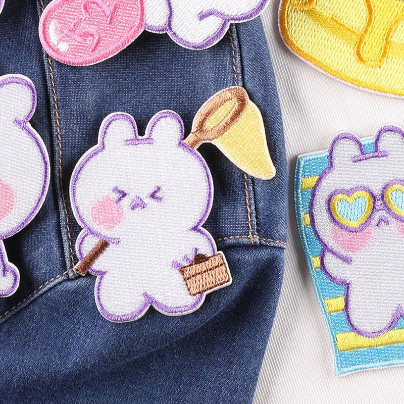 Self-Adhesive Cartoon Rabbit Cake Embroidered No Iron on Patches for Clothing Applique Clothes Sticker Stripes Sewing Accessory