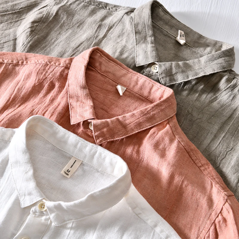 Designer new arrival casual short-sleeved pure linen shirt men fashion brand shirts for men solid comfortable shirt mens tops