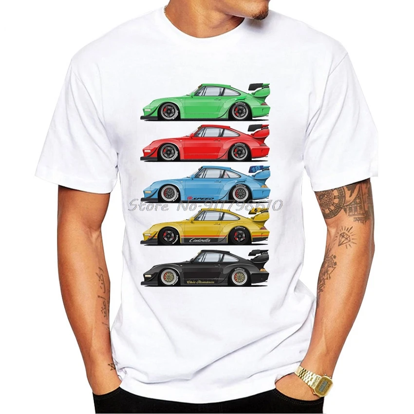 Funny Rainbow RWB Car Print T-Shirt Vintage Summer Men Short Sleeve Old 993 Hypercars Classic White Casual Tops Hip Hop Boy Tees