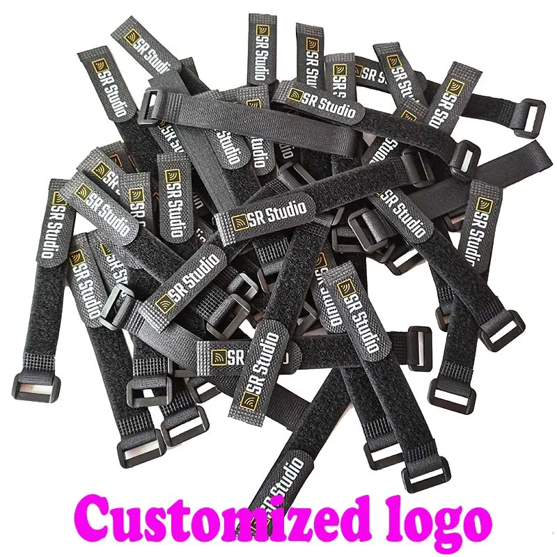 100pcs customized your LOGO nylon Reverse buckle hook loop fastener tape audio cable strap wire cable tie sticky Line finishing