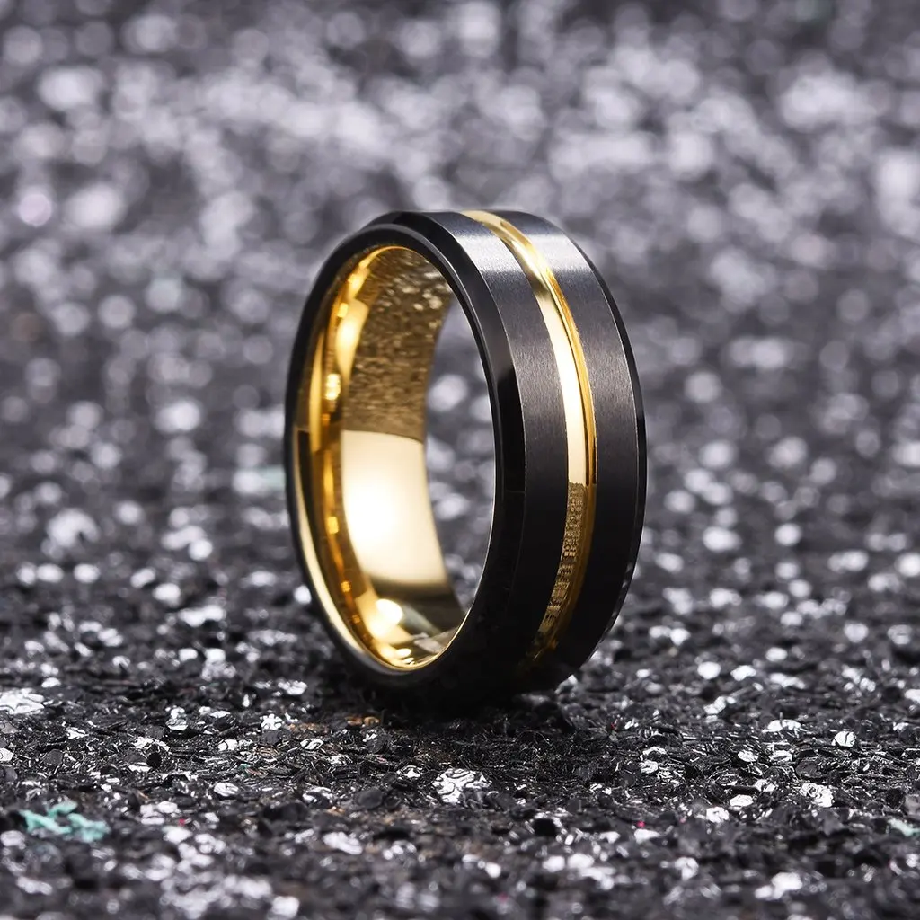Mode Für Männer 8mm Gold Farbe Nut Abgeschrägte Kante Wolfram Hochzeit Carbon Faser Ring Punk Zahnrad Edelstahl ring Für Männer – Detail 10
