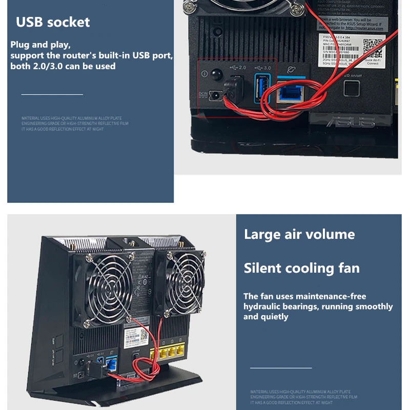 Ventilador de refrigeração ultra silencioso, ventilador duplo, alto volume de ar, plugue USB, adequado para RT-AC68U, AC86U, EX6200, radiador roteador sem fio, 5V