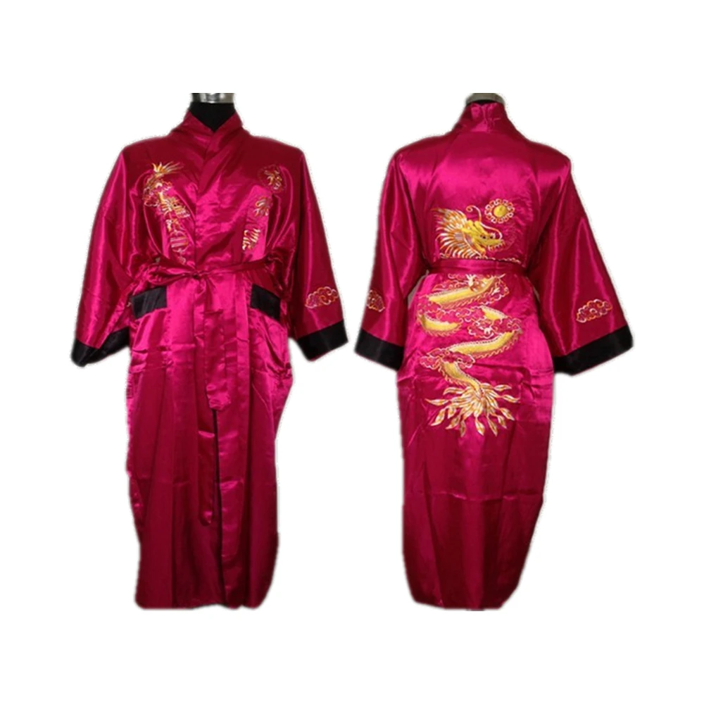 Free shipping Purple black Reversible Two-face Chinese Men\'s Silk Satin Robe Embroidery Dragon Kimono Bath Gown SIZE M-3XL SZ-4