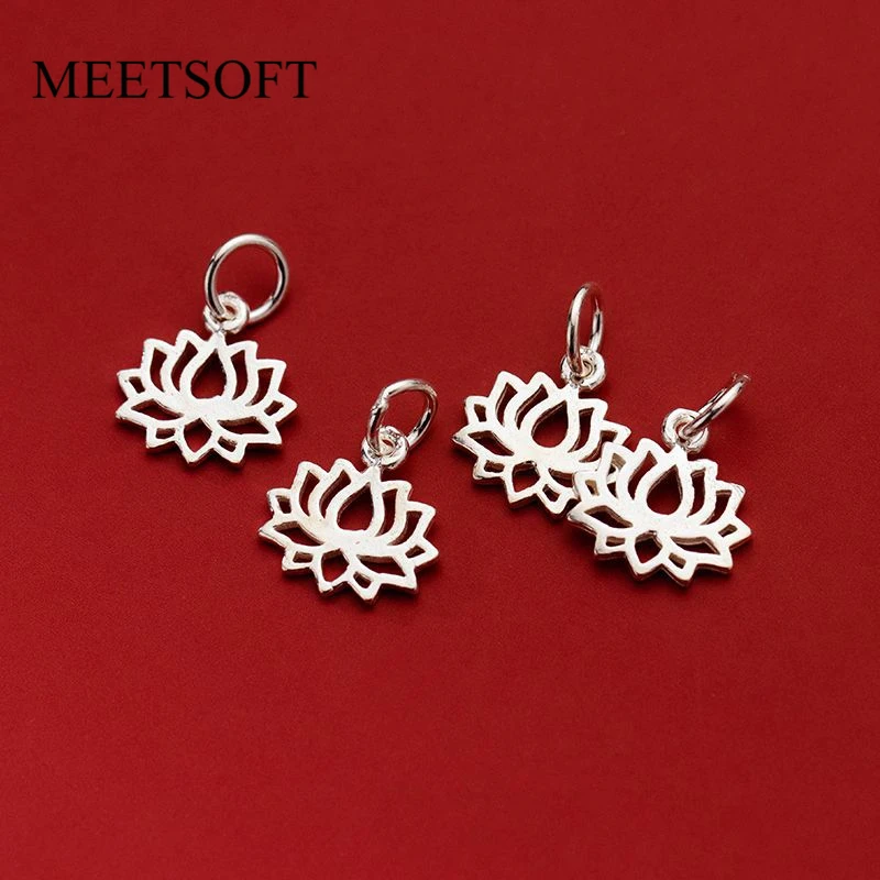 MEETSOFT Genuine S925 Silver Minimalist Flat Hollow Lotus Flower Pendant Charms of DIY Handmade Making Supplies Cute Wholesale