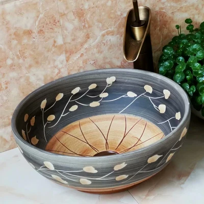 

Bathroom Round Ceramic Vessel Sink Vanity Artistic Basin with Pop up Drain Combo AB242