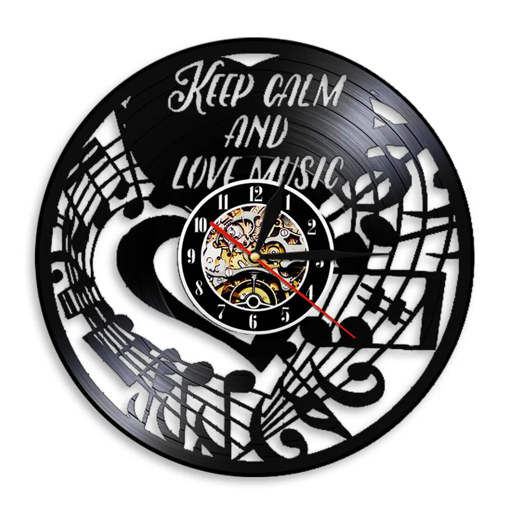 Keep Calm And Love Music Wall Clock Musical Notes Decoartive Vinyl Record Hanging Handmade 3D Watches Wall Hmoe Decor For Room