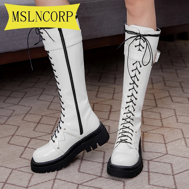

Plus Size 34-43 Fashion Women Cross Strap Leather Boots Autumn Winter Knee High Boots Ladies Thick Sole Platform Punk Long Boots