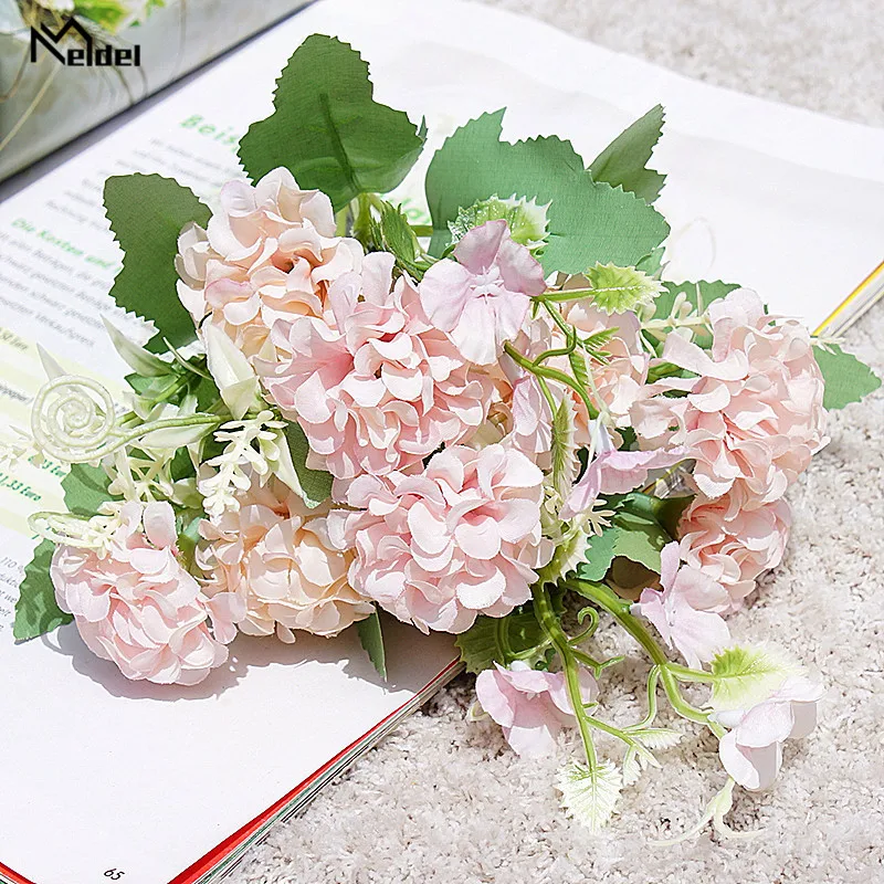 Meldel 5 Branches Silk Lucky Ball Artificial Flower Bouquet White Big Faux Fake Flower Home Decoration Wedding Party DIY Arrange