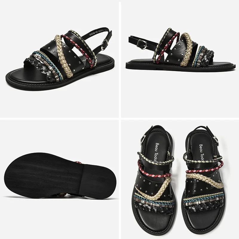 BeauToday Gladiator Sandals Women Genuine Cow Leather Mixed Color Braided Strap Slingback Summer Bohemia Ladies Flat Shoes 34513