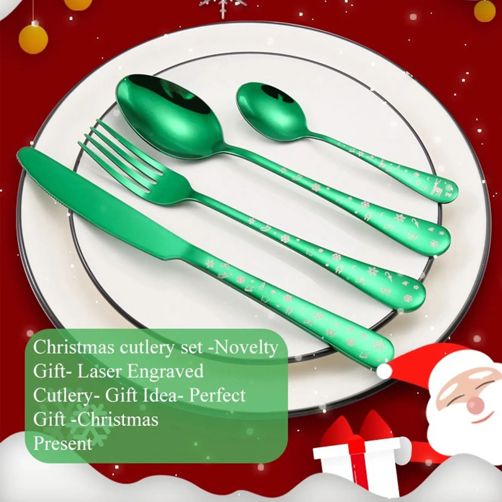 4pcs/set High Quality Christmas Flatware Set Stainless Steel Red Green Dinnerware Knife Fork Spoon Cutlery Kitchen Food 45a