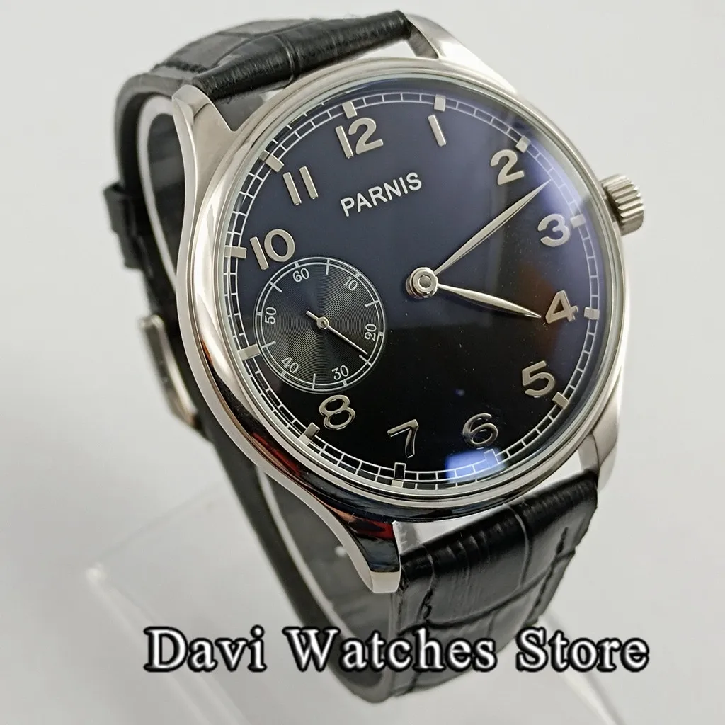 Parnis 44mm Top Mens Watches Black/White Dial 6497 Hand Winding Movement Male Wristwatch