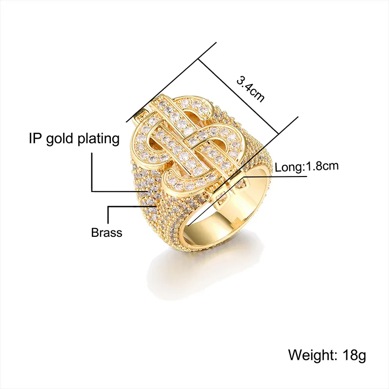 Hip Hop Micro Paved 3A+ CZ Stone Bling Iced Out Solid Dollars Sign Finger Rings for Men Rapper Jewelry Gift Gold Silver Color