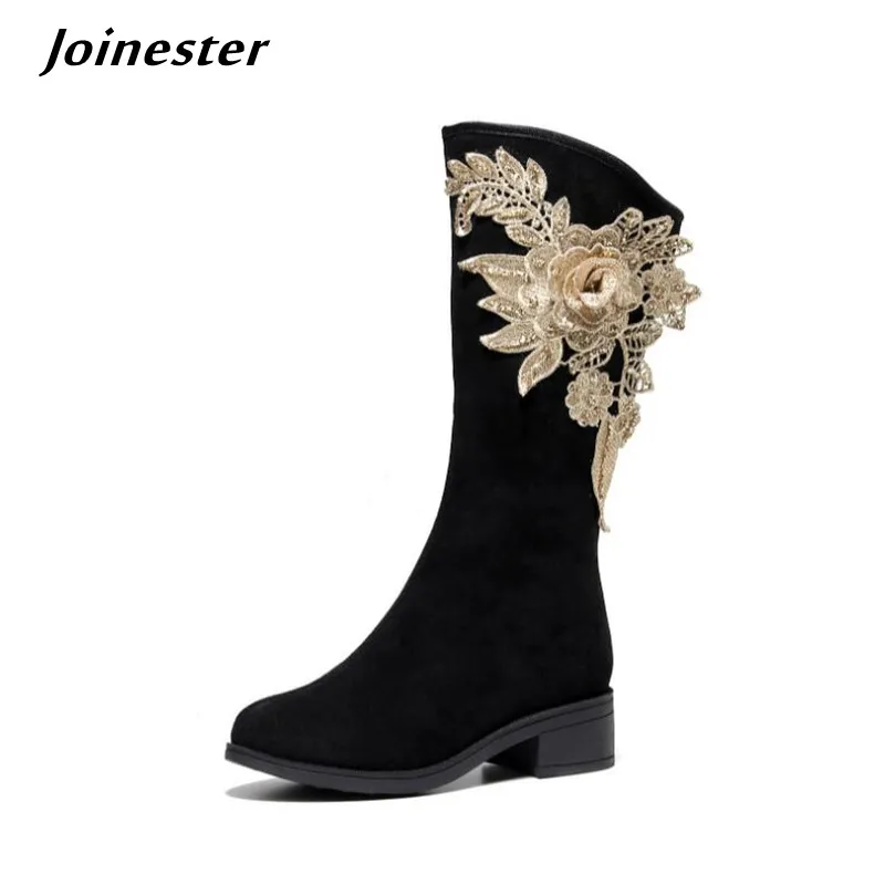 

Chunky Heel Faux Suede Women Mid Calf Boots Winter Long Booties for Female Ethnic Appliques Fashion Shoes Round Toe Riding Boot