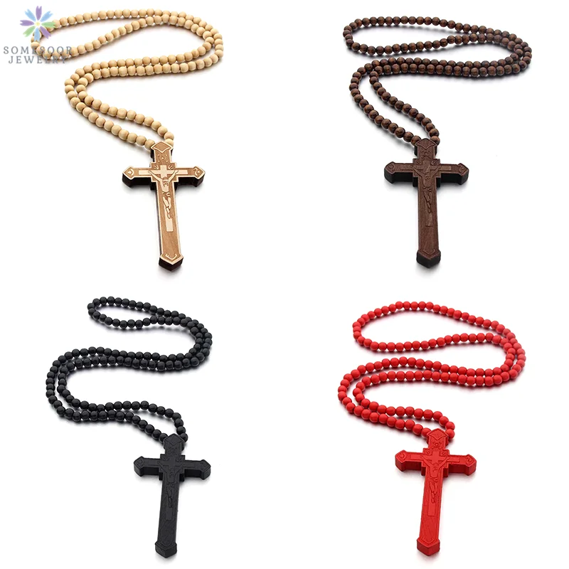 SOMESOOR Christian Cross Wooden Pendant Necklace Engraved 45cm Beads Chain Fashion Jesus Religious Jewelry For Men Women Gift