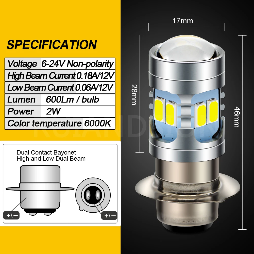 RUIANDSION 1Pcs P15D-25-1 H6M BA20D Motorbike Moped Bulb Scooter Headlight AC 6V-24V 12V 12LED 5730SMD Lemon Yellow 6000K 600Lm