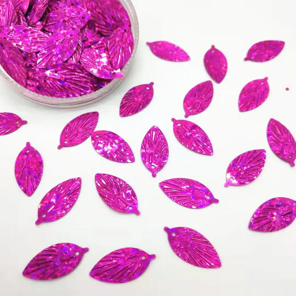 50g/lot Laser Rose Red Leaf Sequins 9*18mm PVC Flat Paillette Hologram Sewing Cute Small Hot Pink Leaves