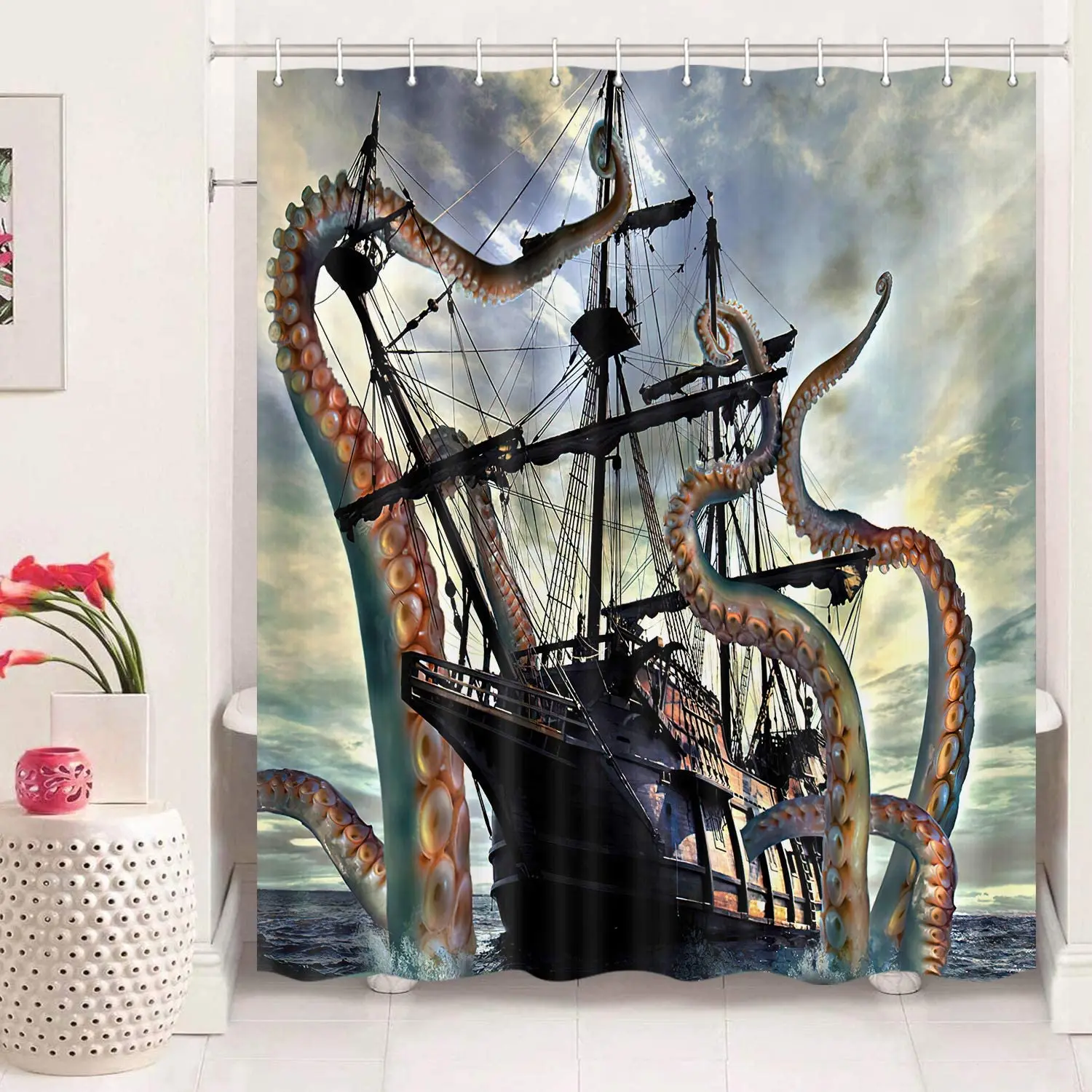 Octopus Kraken Ocean Theme Sea Life Giant Sea Monster Attacked The Sailing Ship Fabric Shower Curtain