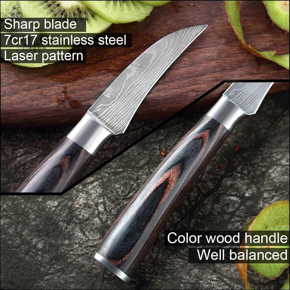XITUO 3.5 Inch Bếp Điện Dao Trái Cây 7Cr173 Thép Không Gỉ Laser Damascus Hoa Văn Màu Gỗ Tay Cầm Dao Nhà Bếp