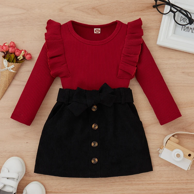 Toddler Baby Girl Fall Winter Clothes Solid Knit Ruffle Pullover Tops Corduroy Mini Skirts Outfits for 1-4 Years Baby Girl