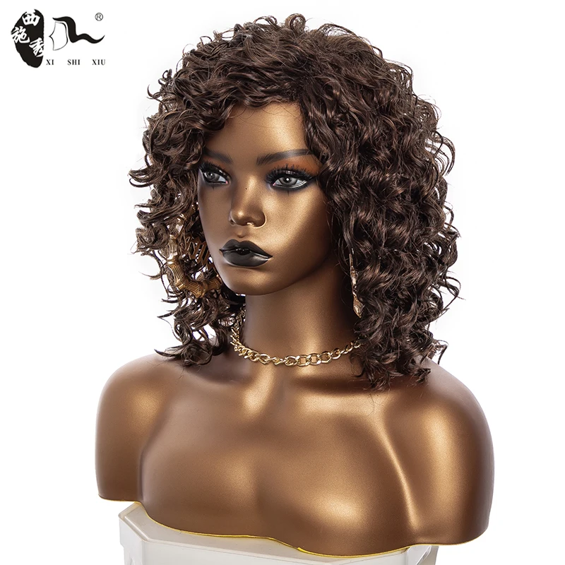 Short Brown Kinky Curly Synthetic Natural Wave Wig With Bangs For Black Women Cosplay Lolita Natural Glueless Wigs XISHIXIU HAIR