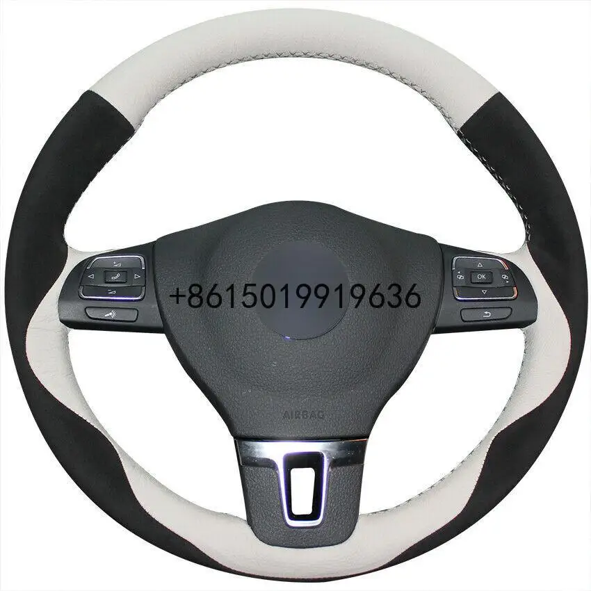 

Custom Made DIY Anti Slip White Leather Black Suede Car Steering Wheel Cover for VOLKSWAGEN Golf Tiguan Passat CC