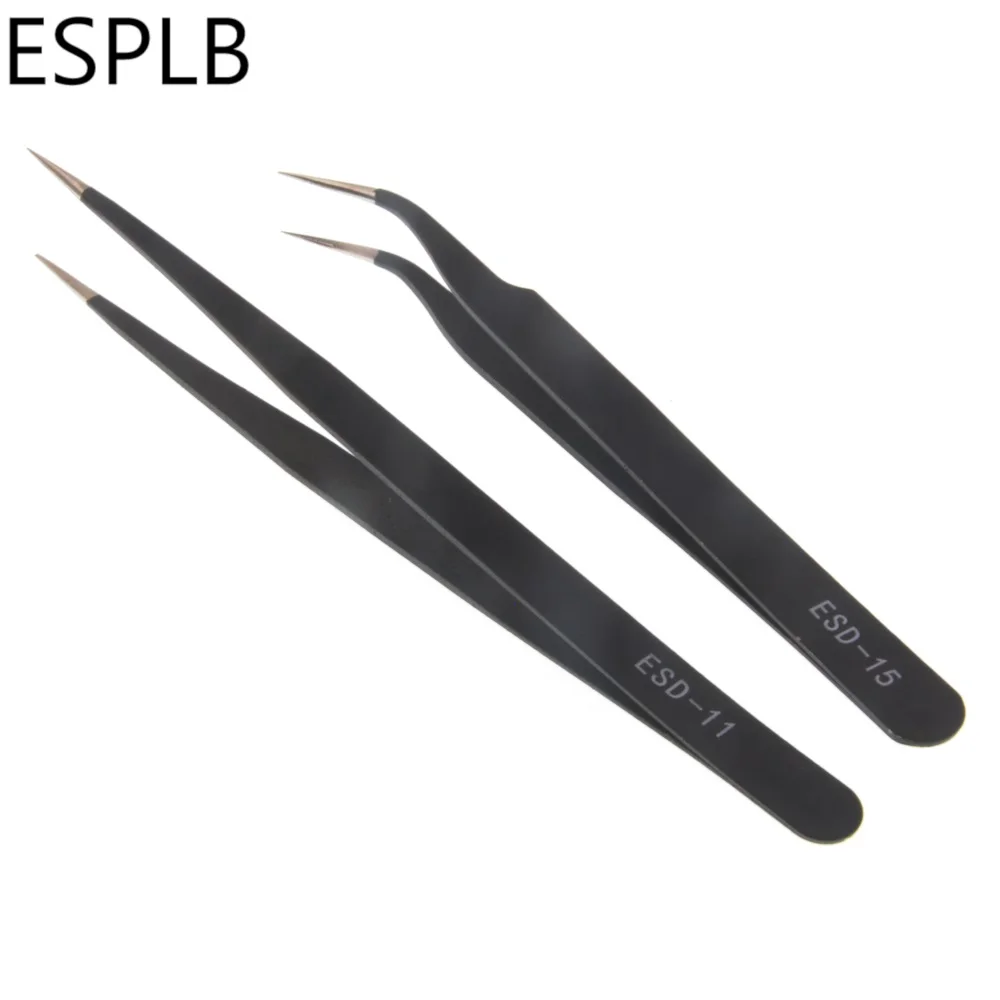 ESD 11/15 Anti Static ESD Stainless Steel Precision Tweezers Straight Curved Tip Tweezers for Electronics